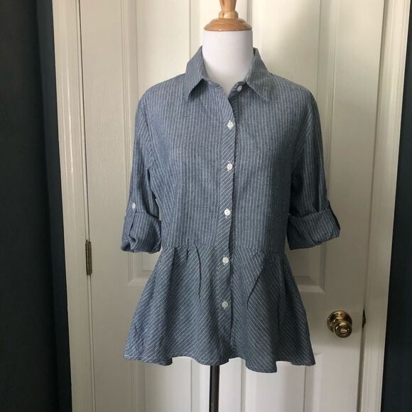 Love Notes Striped chambray blouse with peplum - Picture 2 of 6